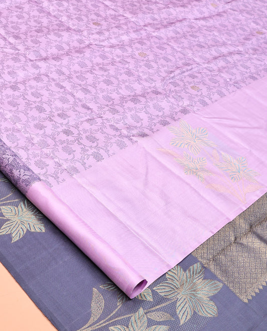Lavender Floral Jaal Embossed Kanchipuram Silk Saree, a Floral Border, Contrast Jaal Pallu, Contrast Blouse