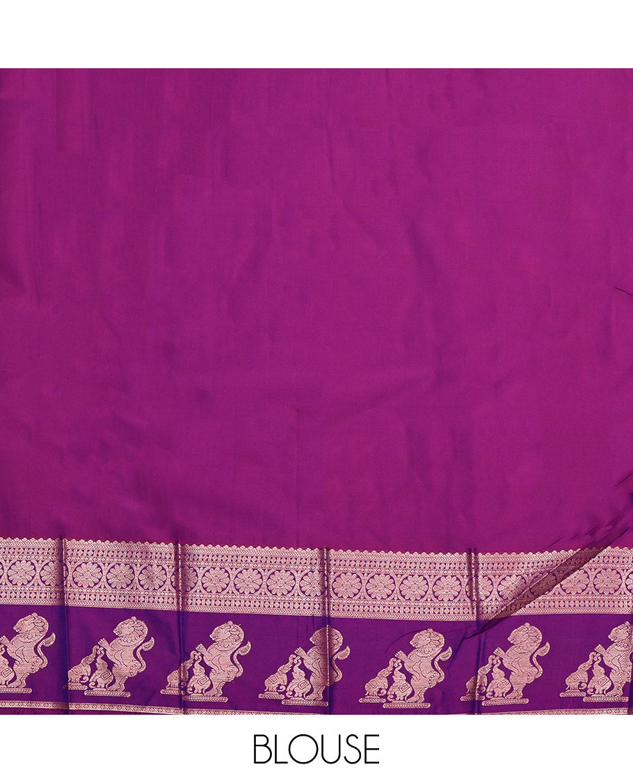 Green Budget Silk Saree, Decorated with Zari Buttas, Complemented by a Contrast Traditional Zari Border of Singam Designs, Grand Pallu, and a Contrast Blouse