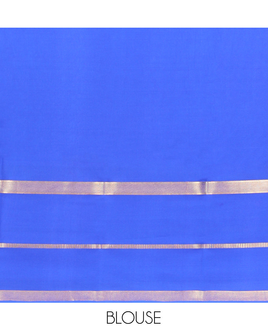 Blue Mysore Silk Saree, Elevated with Zari Buttas, Complemented by a Contrast Traditional Zari Border, Zari Design Pallu, and a Contrast Blouse
