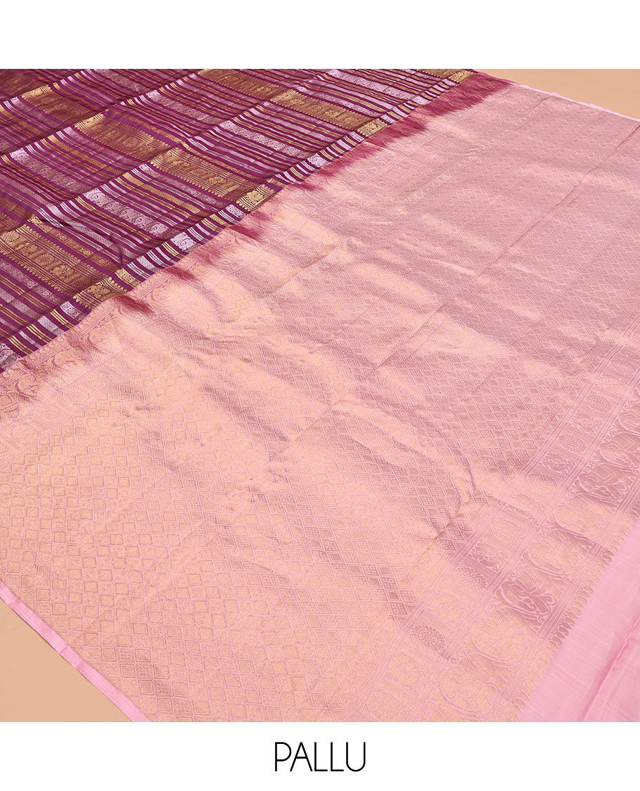 Purple Vasundhara Lite Silk Mix Saree, Adorned with Traditional Jacquard Design, a Zari Border of Thilakam Mokku, Neli, Chakram, and Mayil Designs, Contrast Jaal Pallu, and a Contrast Blouse