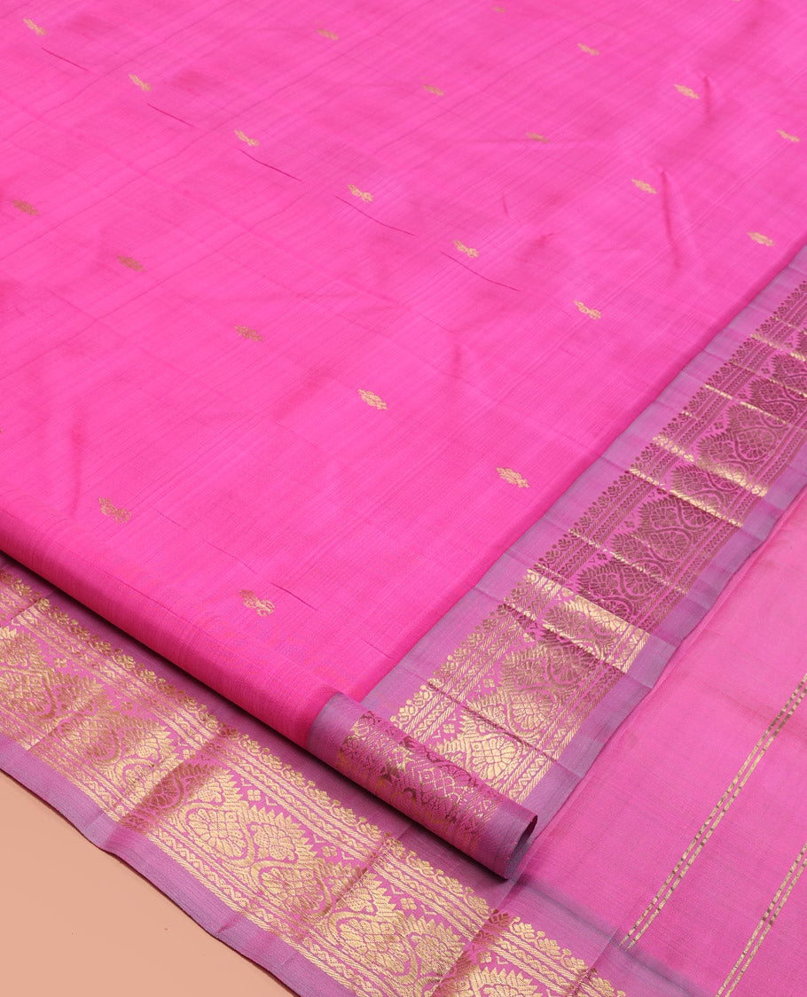 Pink Kanchipuram Silk Saree, Detailed with Zari Buttas, a Contrast One-Sided Traditional Border, Zari Design Pallu, and No Blouse