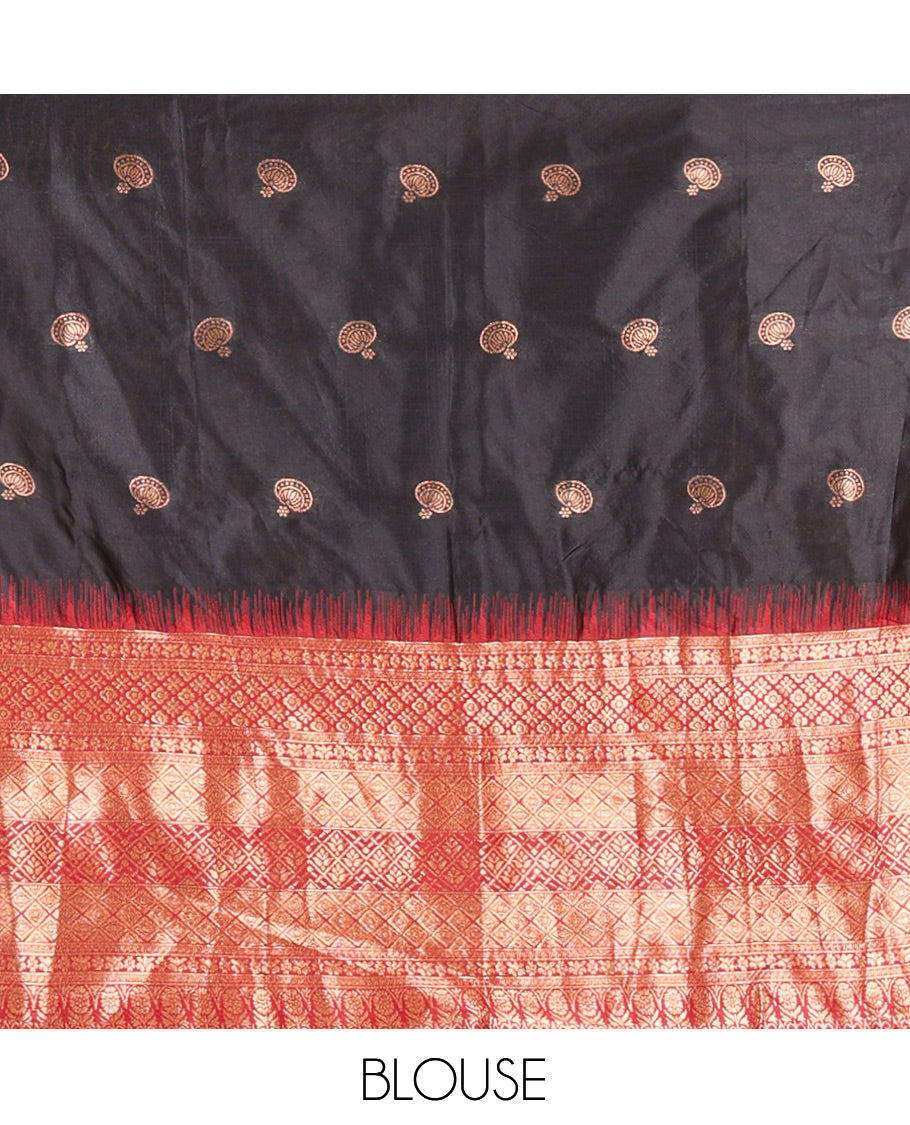 Black-Maroon Semi-Silk Half-Saree Features Zari Buttas Skirt, Contrast Traditional Zari Border, a Matching Blouse, a Contrast Blouse