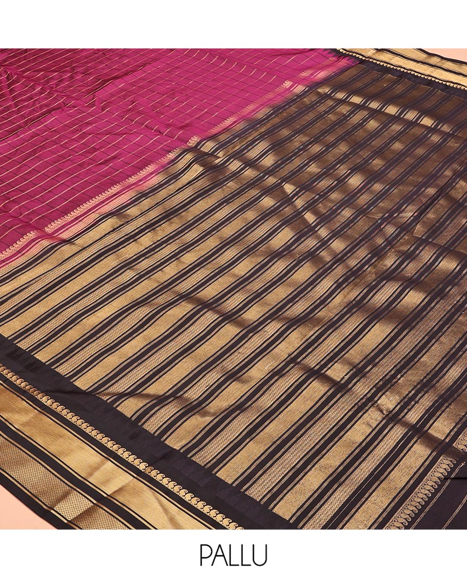 Magenta and Dark Purple Vasundhara Lite Silk Mix Saree, Graced with Checked Design All Over Its Body, Complemented by a Contrast Thazampoo Rekku Border of Manga Mokku, Muthu, and Mayil Kann Designs, Grand Pallu, and Paired with a Contrast Blouse
