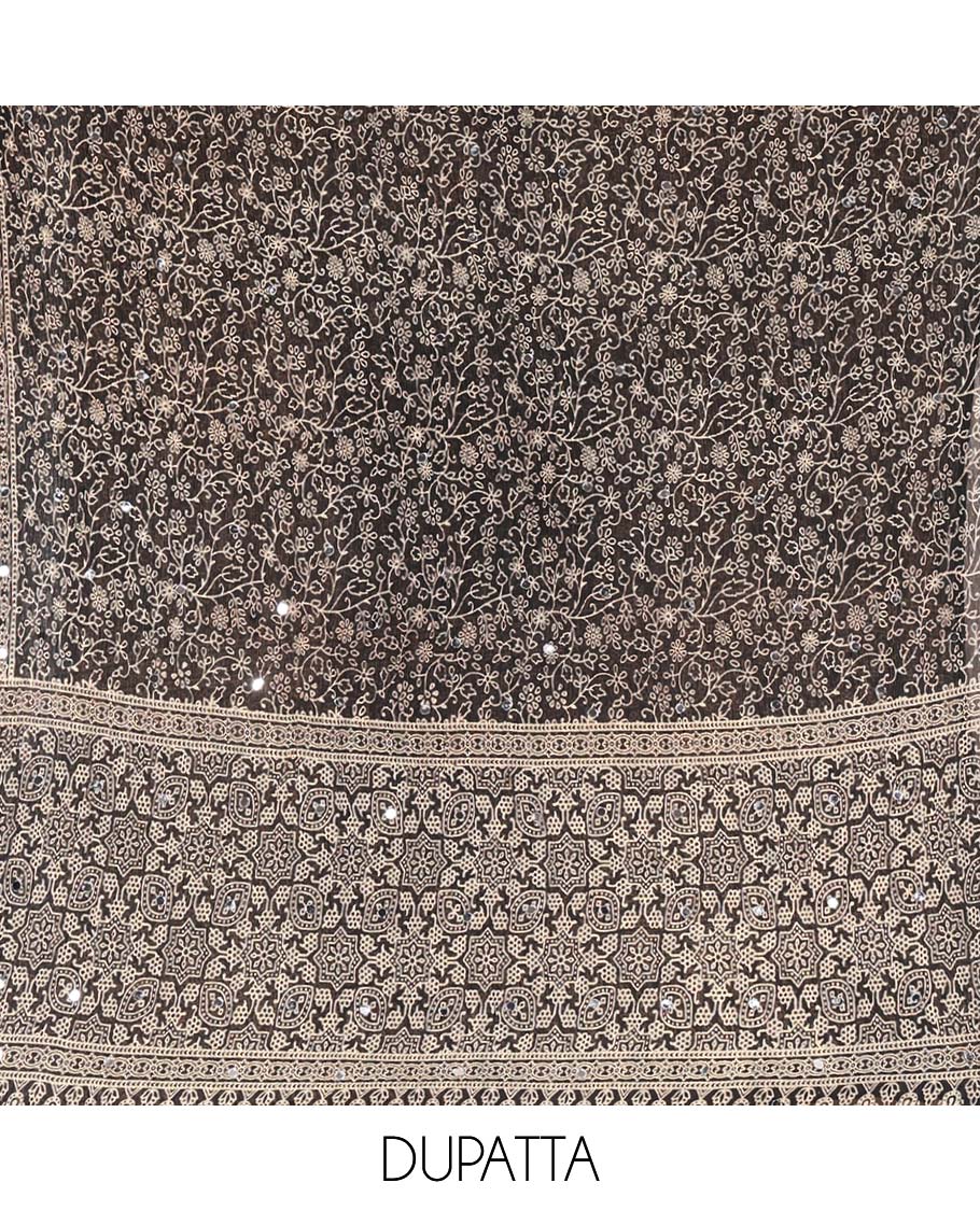 Black Material Chudidar Set, Subtly Woven with Pom-Pom Potli Neck Vichitra Silk Top, a Plain Santoon Bottom, Paired with Crushed Georgette Dupatta of Ajrakh Print and Mirror Work