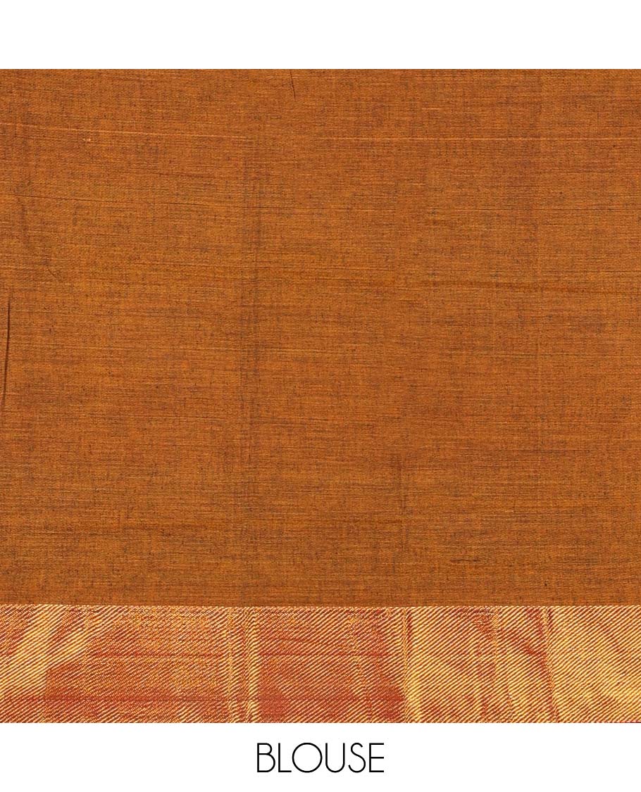 Brown mercerised cotton daman zari border half saree with cotton blouse & georgette one side zari border