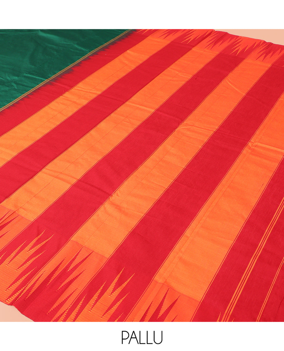 Green Plain Bangalore Silk Saree, Complemented by a Contrast Temple Border, Striped Pallu, and Contrast Blouse