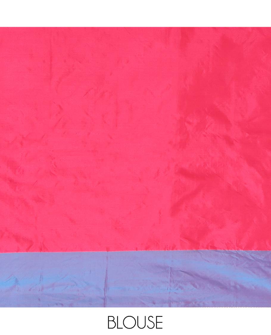 Violet and Pink Aarani Silk Saree, Graced with a Zari Checked Design on Its Body, Complemented by a Contrast Border, Pallu of Zari Stripes, and Paired with a Contrast Blouse