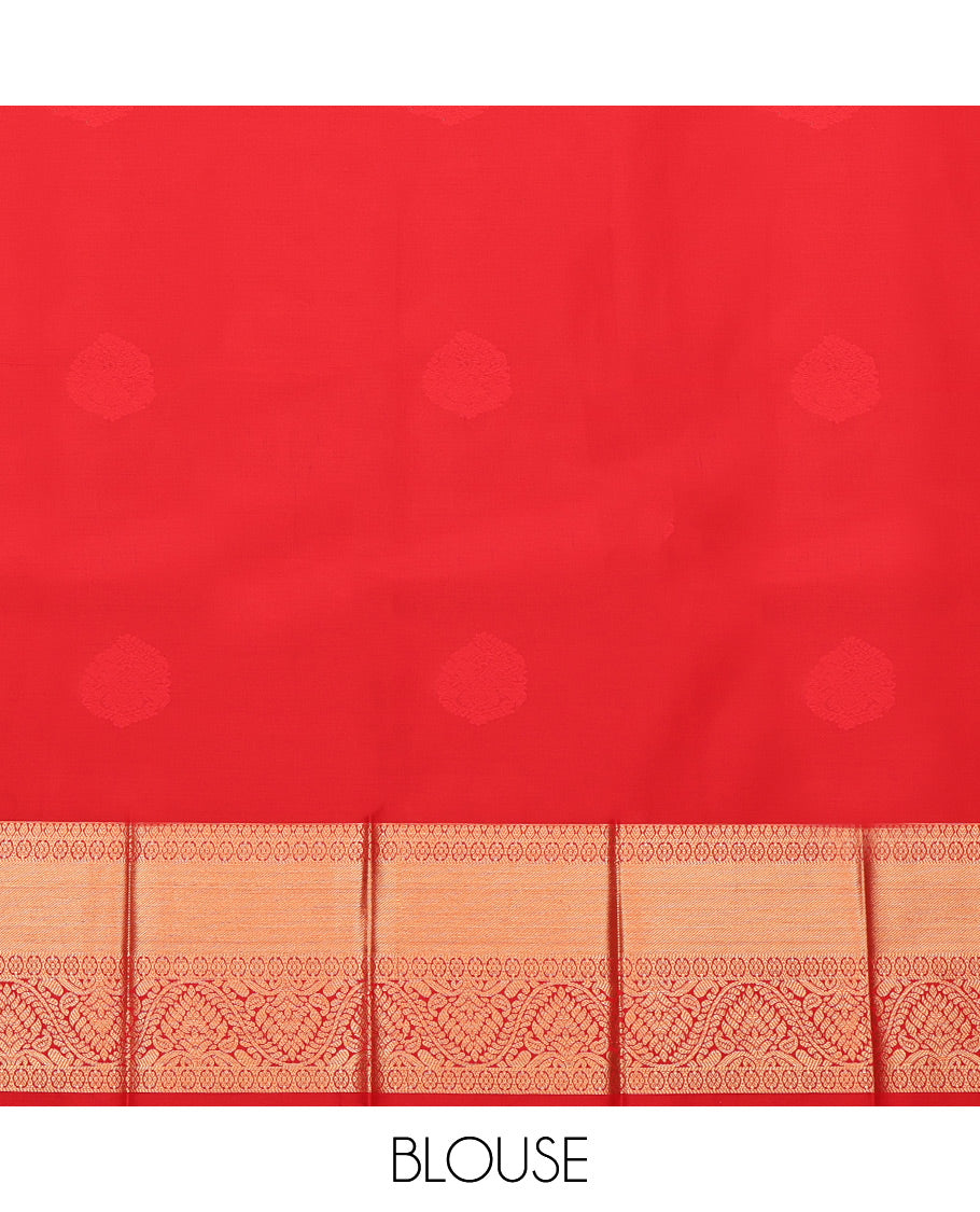 Red Budget Silk Saree, Spotlighted with Zari Buttas, Highlighted by a Traditional Zari Border, Intricate Pallu, and Matching Blouse