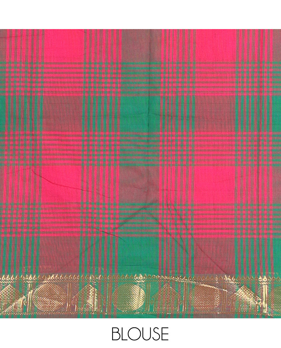 Multi-Color Checked Chettinad Cotton Half-Saree Features a House-Rudraksha Border, Matching Blouse, Contrast Dhavani