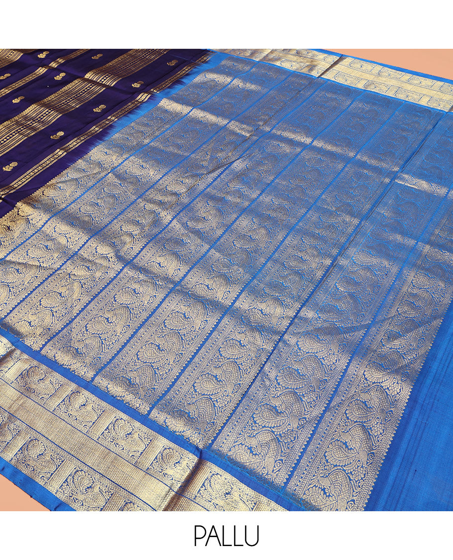 Navy Blue Venkatagiri Silk Saree, Detailed with Zari Designs All Over Its Body, Complemented by a Contrast Traditional Zari Border of Peacock Designs, Pallu of Peacock Designs, and Paired with a Contrast Blouse