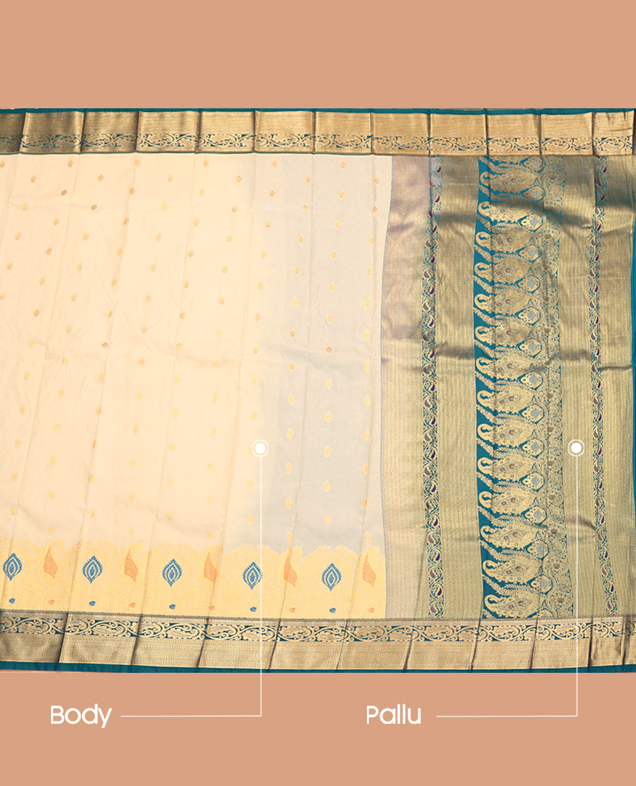 Sandal Budget Silk Saree, Sparsely Sparkled with Zari Buttas, a Contrast Traditional Zari Border, Intricate Pallu, and a Contrast Blouse