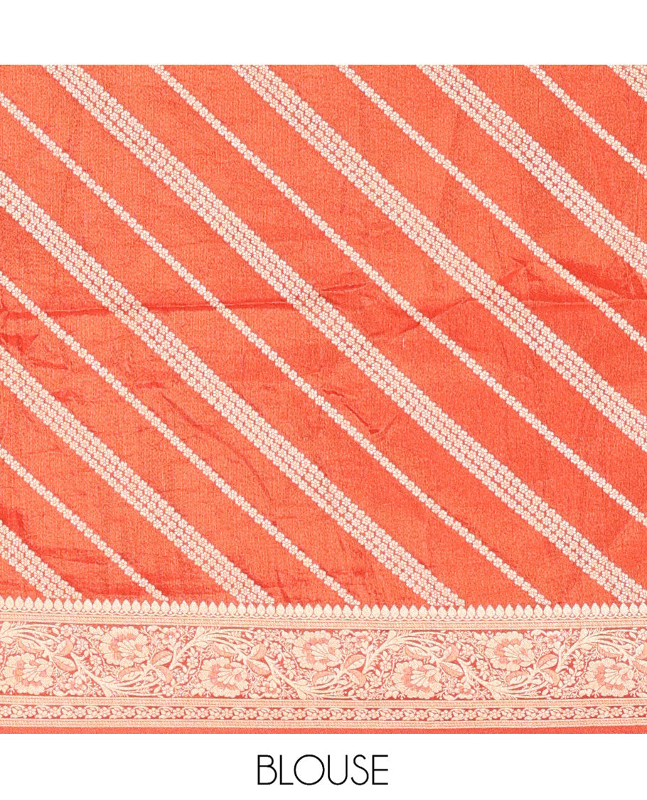 Cream-Rust Semi-Banarasi Half-Saree Features Leheriya Striped Skirt, Contrast Leheriya Striped Blouse, Georgette Striped Dhavani