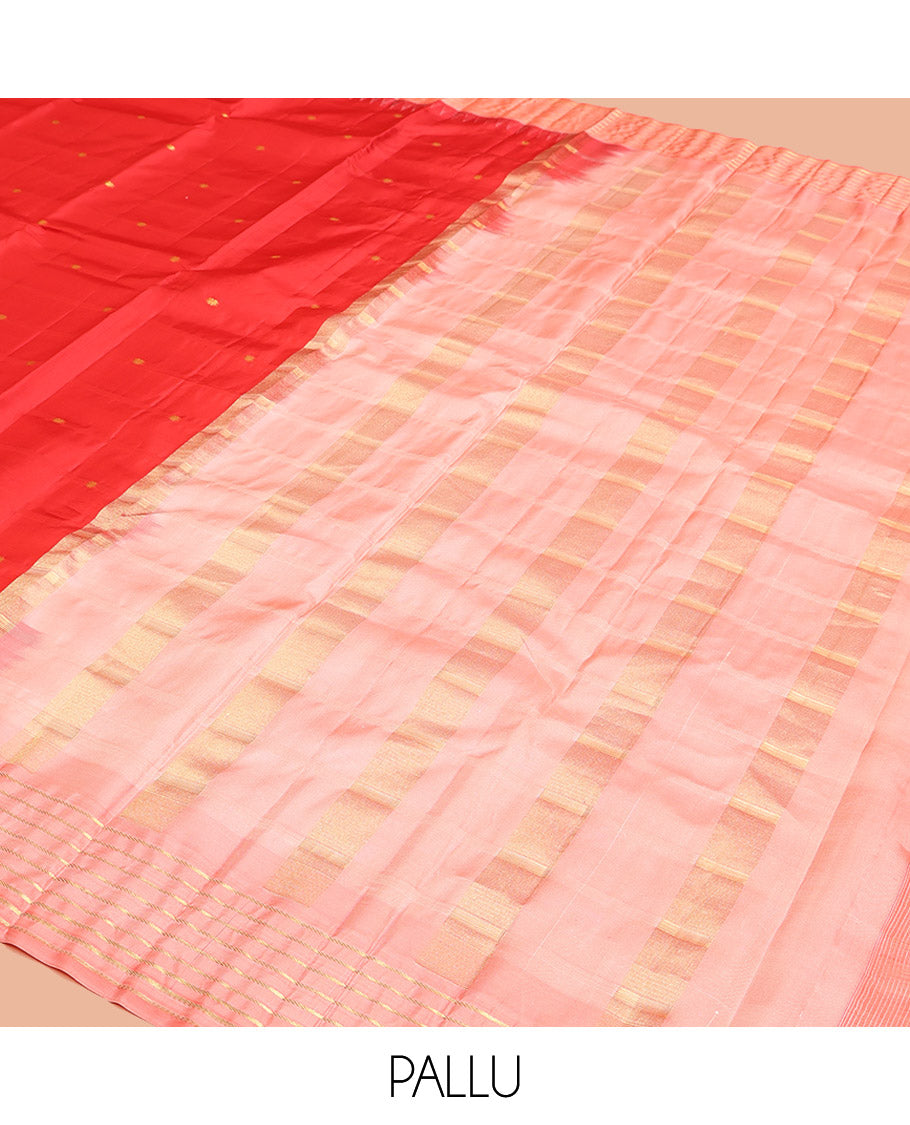 Red Vasundhara Silk Saree, Gracefully Woven with Kamalam Buttas on Its Body, Complemented by a Captivating Contrast Thazampoo Rekku Border of Banaras Designs, Zari-Decked Up Pallu, and Paired with a Contrast Blouse