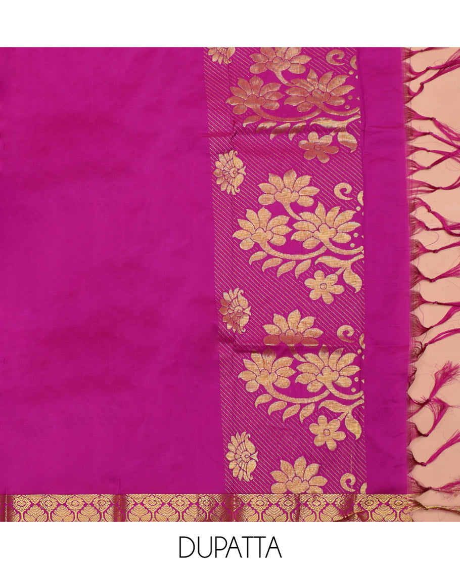 Blue Art Silk Material Half Saree Set, Richly Detailed with Floral-Theme Jacquard Design Skirt, a Contrast Traditional Zari Design Border, Contrast Zari-Jacquard Blouse, and a Dhavani of Floral Designs