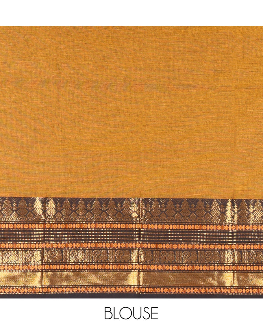 Mustard-Black Chettinad Cotton Half-Saree, Contrast Traditional Zari Bordered Skirt, Matching Blouse, and a Contrast Dhavani
