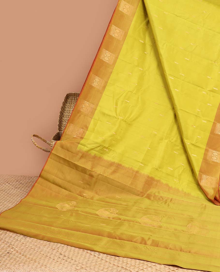 Yellow floral buttas kancheepuram silk saree with contrast zari design border & intricate zari design pallu