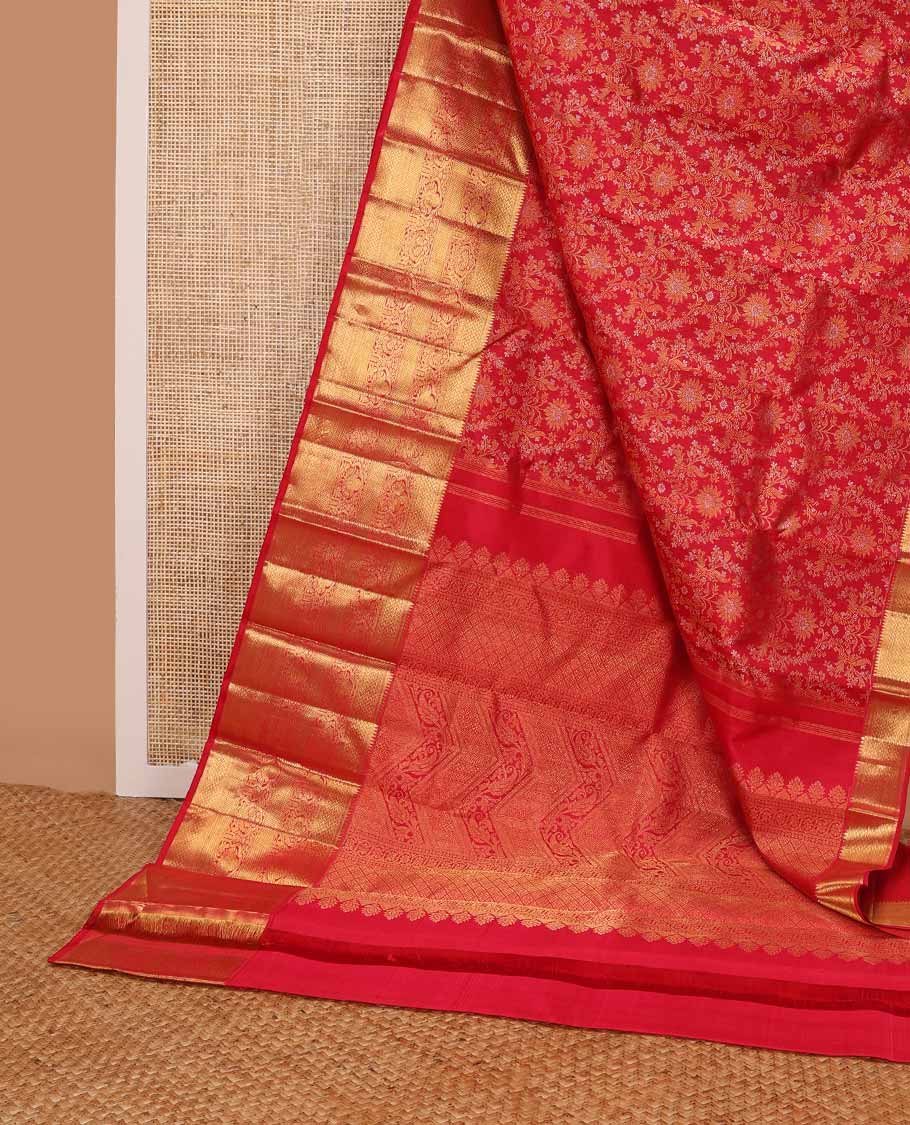 Red floral jacquard silk saree with self border of rekku, banaras, mayil kann, kathir design & zari design pallu