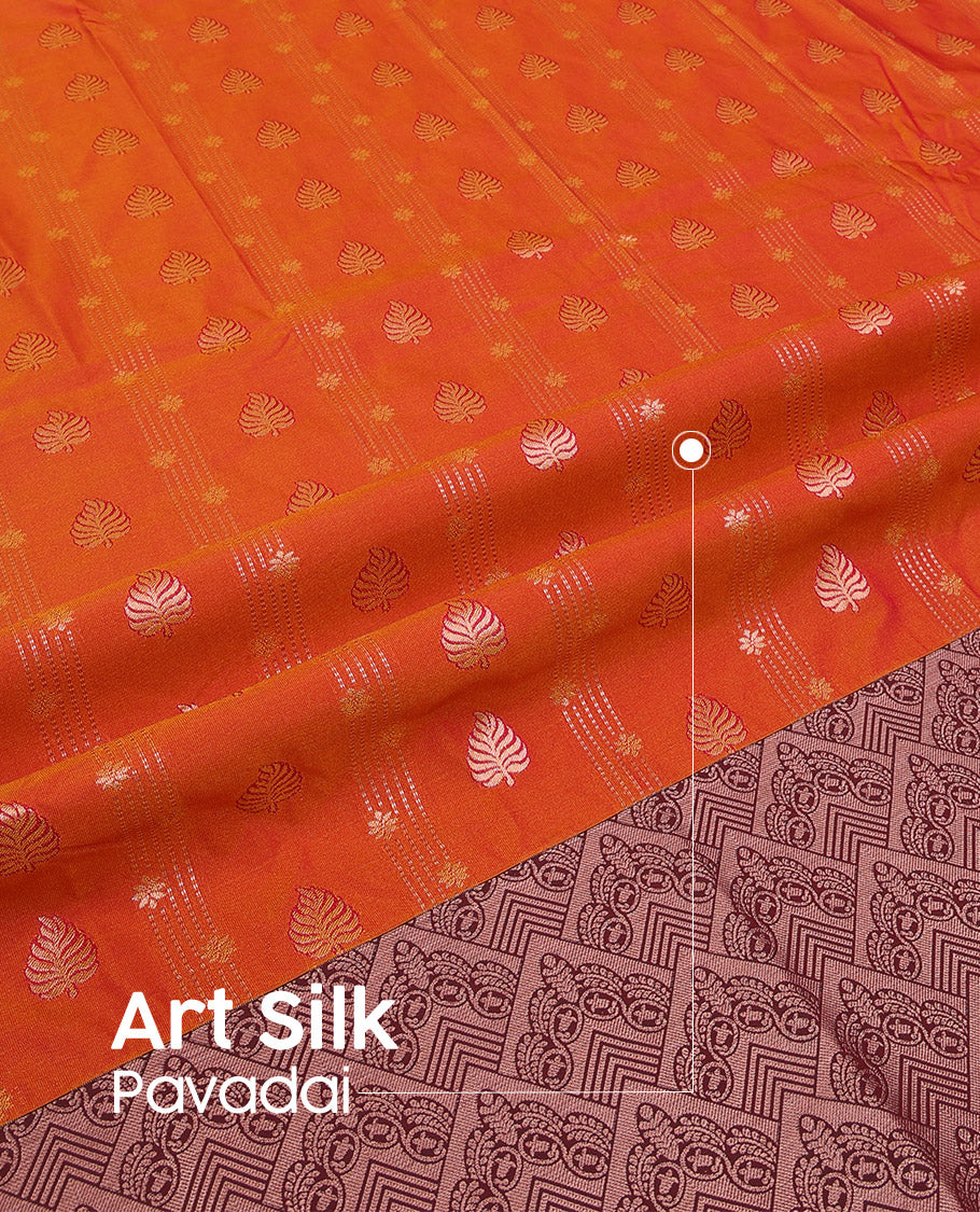 Orange Art Silk Pavadai Material Set, Featuring Leaf Zari Buttas  All Over the Skirt, Complemented by a Contrast Jaal Patterned Zari Design Border, and Paired with a Contrast Blouse