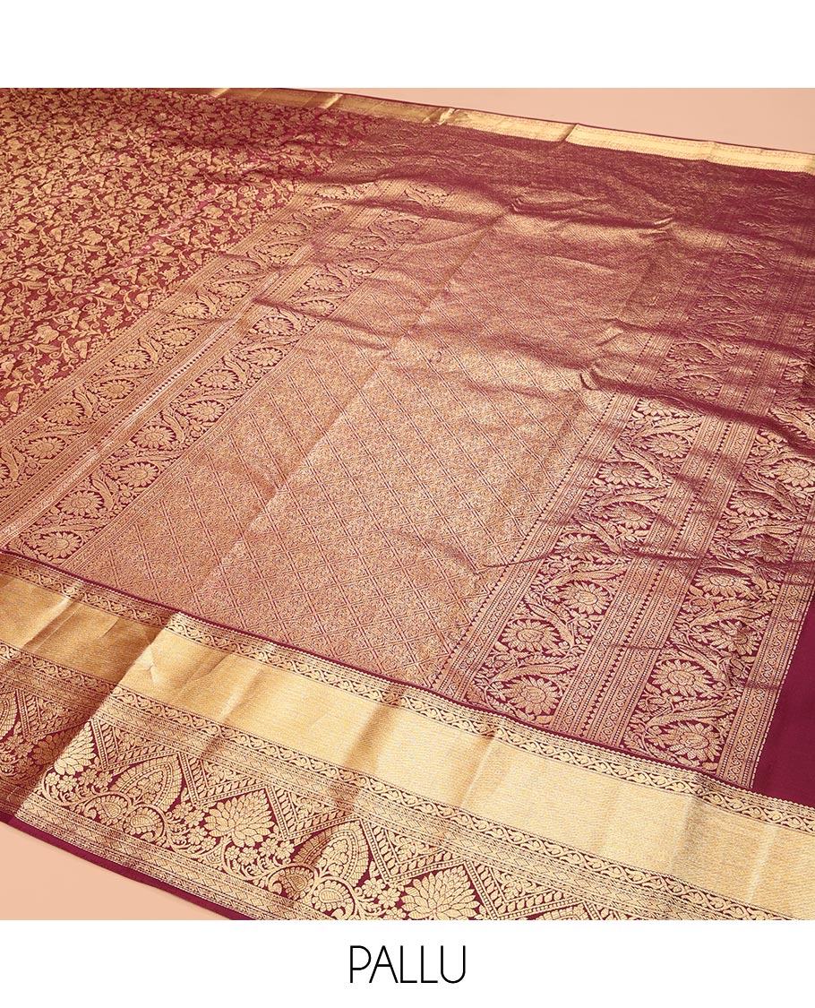 Light Maroon Kanchipuram Wedding Silk Saree, Elevated with Vanasingaram Jacquard Design, a Traditional Zari Design Border, Jaal Pallu, and a Matching Blouse