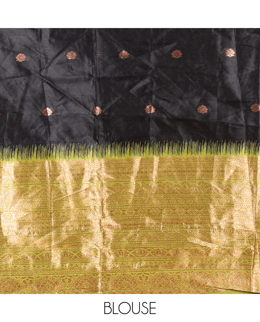 Black and Green Semi-Banaras Half-Saree Featuring Zari Buttas All Over the Skirt, Accentuated with a Contrast Traditional Zari Design Border, Paired with a Matching Blouse, and Has a Plain Syska Georgette Dhavani with a 4-Sided Zari Border