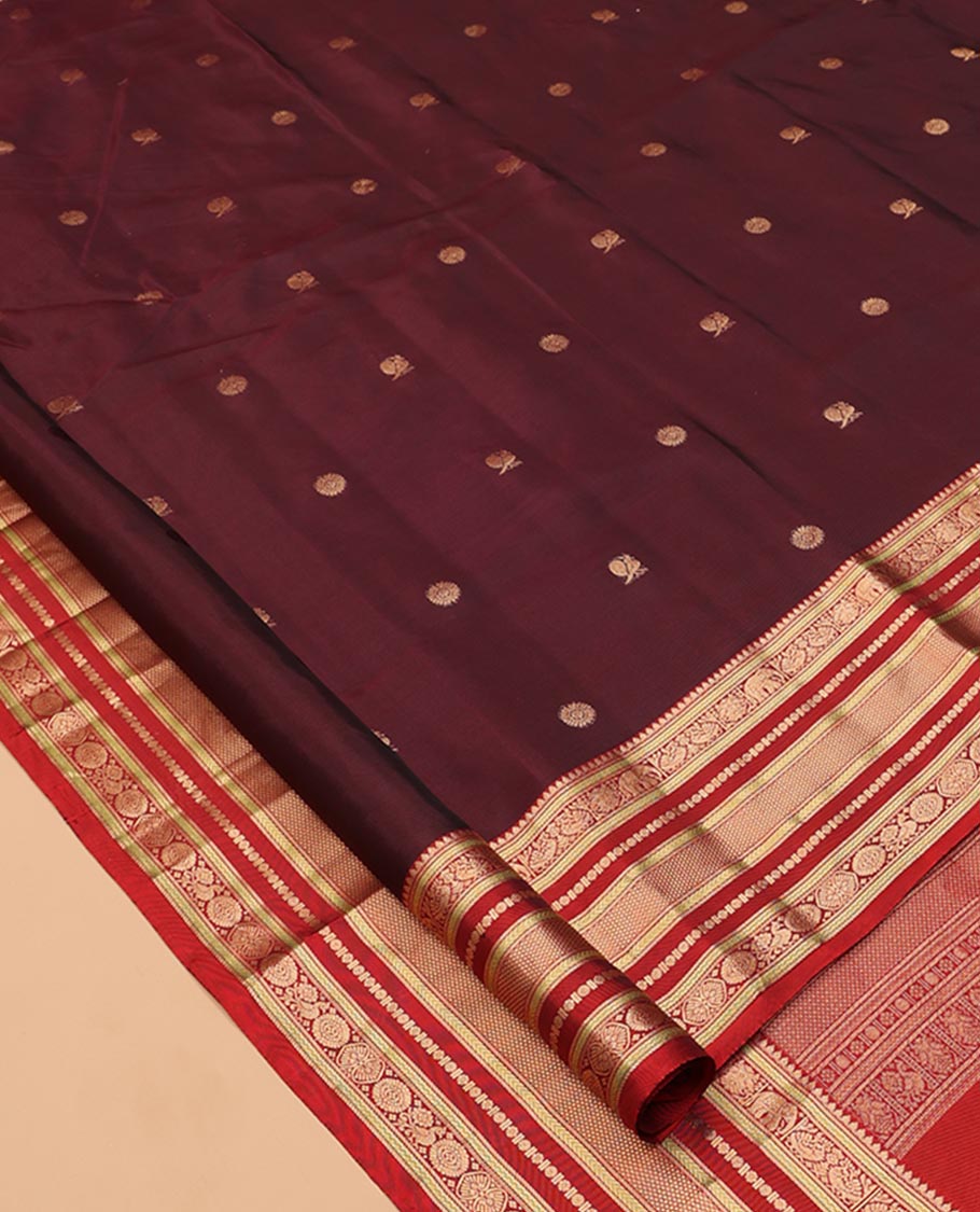 Coffee Brown Mayil-Chakra Vasundhara Lite Silk Mix Saree, Contrast Traditional Border, and Contrast Blouse