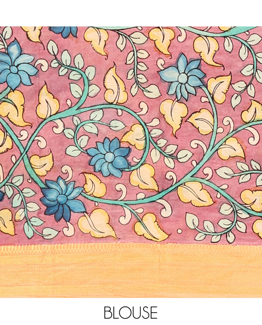 Green Kalamkari Silk Saree, Mesmerized with Human Figurines, a Contrast Traditional Zari Border, Kalamkari Pallu, and a Contrast Blouse