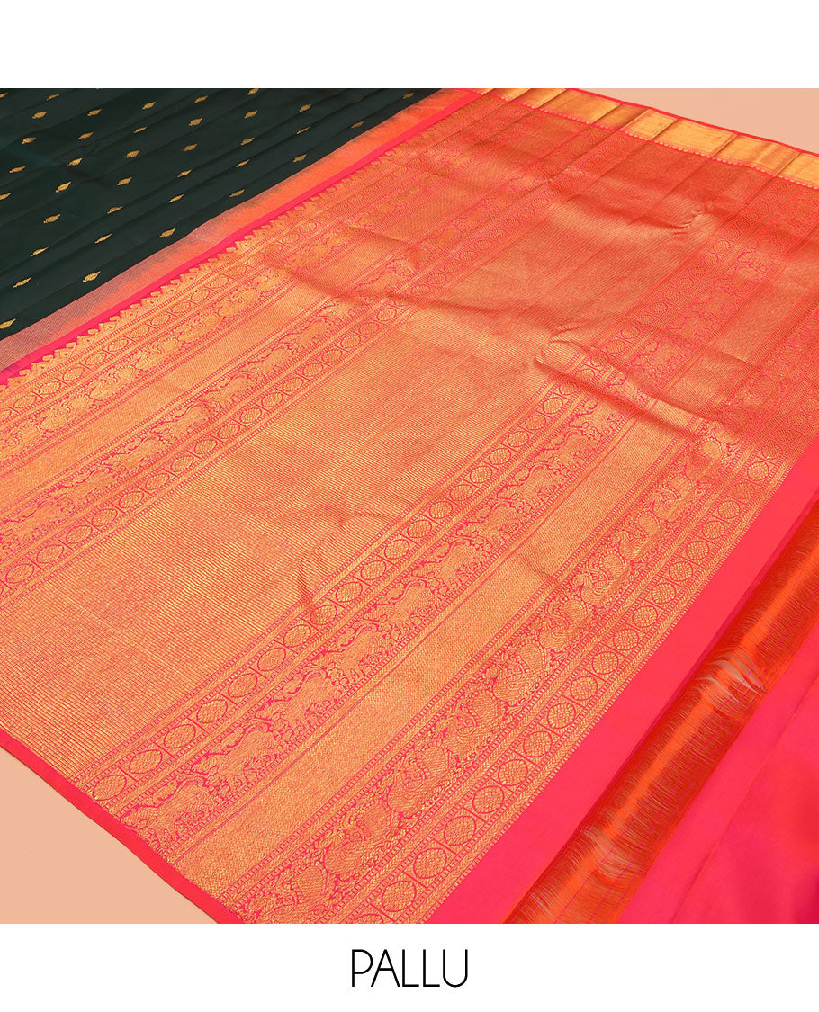 Green Kanchipuram Silk Saree, Woven with Zari Buttas, a Contrast Korvai Border of Thilakam Mokku, Kamalam, Greek Key, and Cross Kamalam Designs, Grand Pallu, and a Contrast Blouse