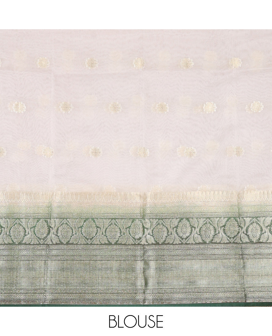 Cream-Green Organza Half-Saree Features Zari Buttas Skirt, Contrast Traditional Border, Matching Blouse, Contrast Dhavani