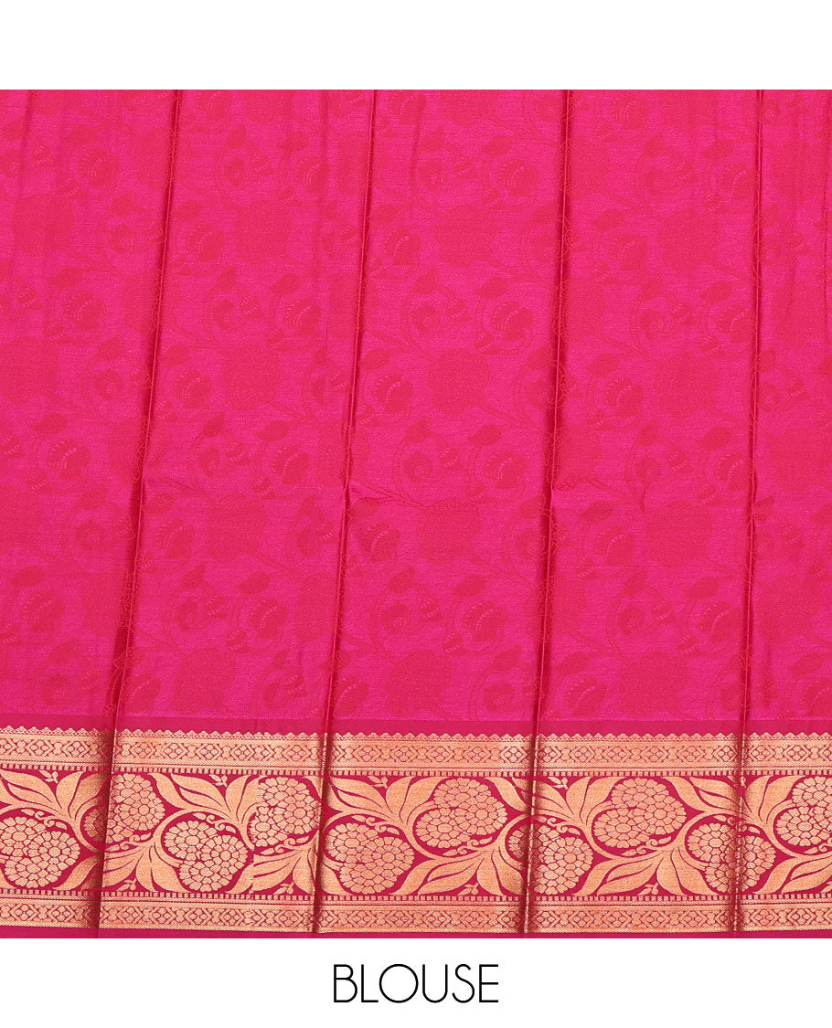 Peach Budget Silk Saree, Sparsely Woven with Floral Jacquard, Complemented by Contrast Floral Creeper Zari Border, Intricate Pallu, and a Contrast Blouse