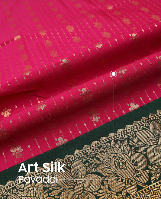Apple Red art silk pavadai material set, zari design woven pavadai, contrast blouse & traditional zari border