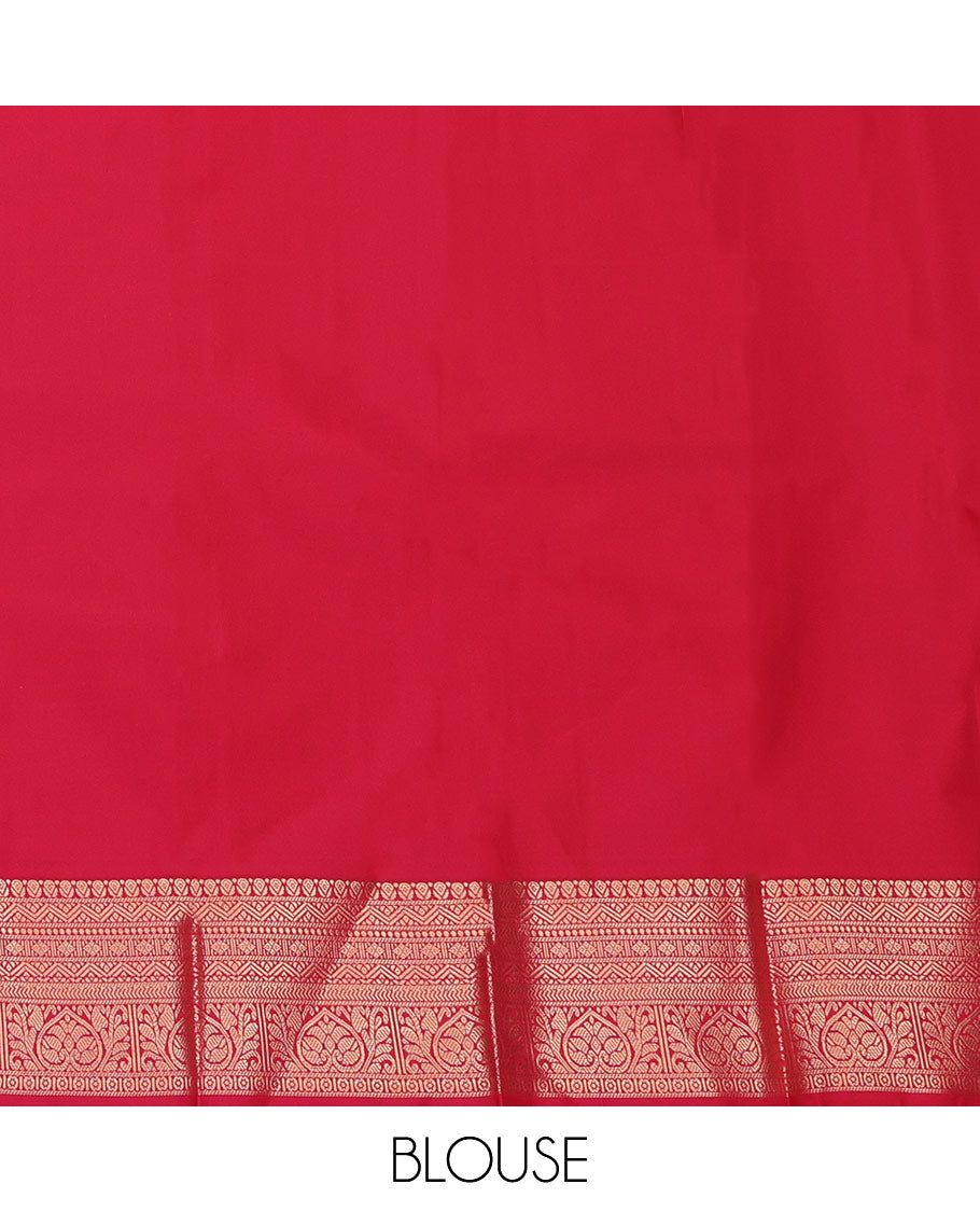 Pale Green Budget Silk Saree, Subtly Adorned with Zari Buttas and Stripes All Over Its Body, Highlighted by Traditional Zari Border, Contrast Grand Jaal Pallu and Paired with a Contrast Blouse
