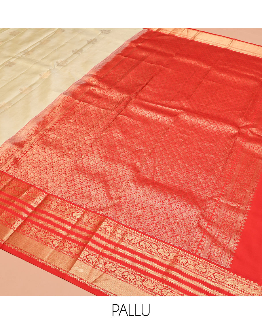 Pale Green Vasundhara Silk Saree,Sparsely Woven with Zari Buttas, Contrast Border of Thilakam Mokku, Kodi Visiry, Muthu, Mayil Kann, Mayil, and Kodi Visiry, Grand Pallu, and Contrast Blouse