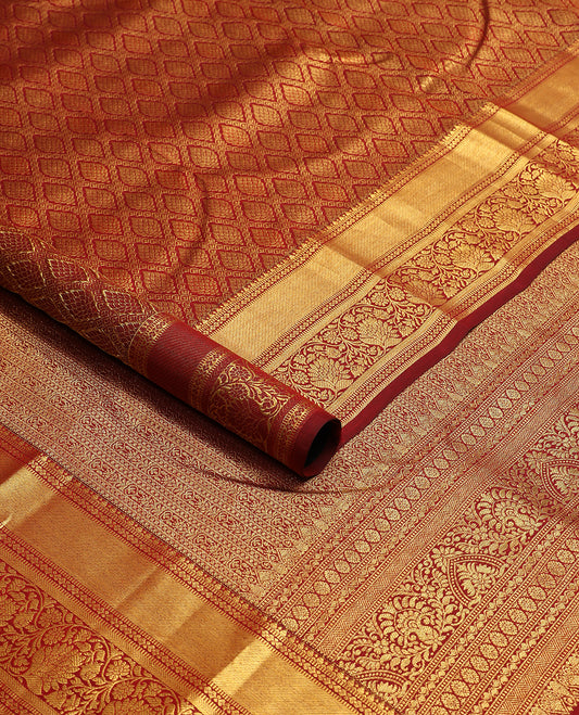 Brown ogee design kancheepuram silk saree with self border of muthu, banaras, kodi visiry design & zari design pallu