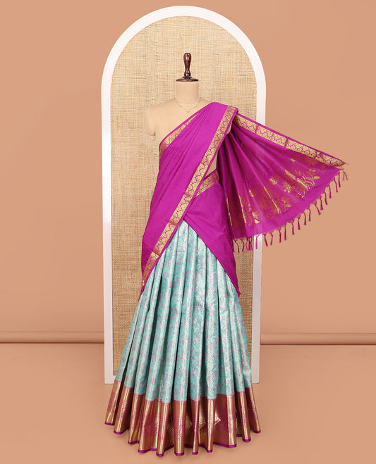 Blue Art Silk Material Half Saree Set, Richly Detailed with Floral-Theme Jacquard Design Skirt, a Contrast Traditional Zari Design Border, Contrast Zari-Jacquard Blouse, and a Dhavani of Floral Designs