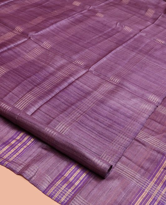 Borderless Purple Tussar Silk Saree, Delicately Woven with Zari Checked Design on Its Body, a Self-Pallu, and Paired with a Matching Blouse