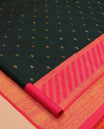Green Kanchipuram Silk Saree, Woven with Zari Buttas, a Contrast Korvai Border of Thilakam Mokku, Kamalam, Greek Key, and Cross Kamalam Designs, Grand Pallu, and a Contrast Blouse