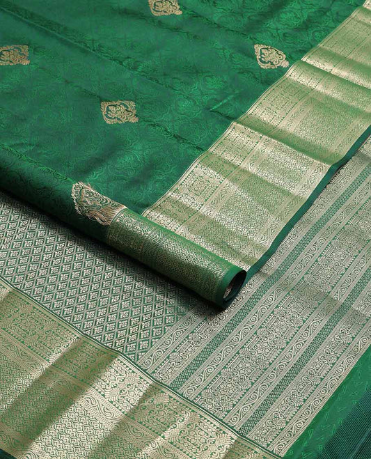 Bottle green floral jacquard kancheepuram silk saree with self floral design border & jaal design pallu