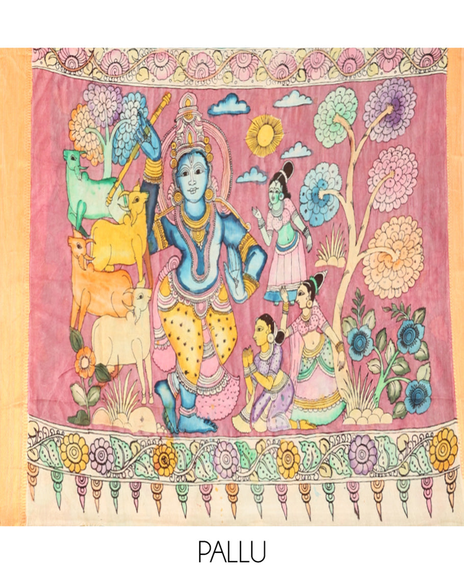 Green Kalamkari Silk Saree, Mesmerized with Human Figurines, a Contrast Traditional Zari Border, Kalamkari Pallu, and a Contrast Blouse