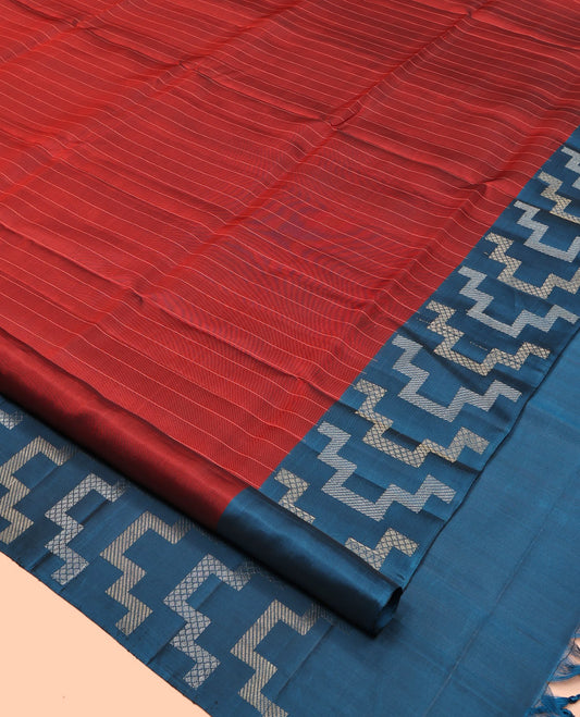 Rust Mayuri Lite Silk Mix Saree, Subtly Sparkled With Stripes, Complemented by Contrast Border, and Pallu of Geometric Patterns, and a Contrast Blouse