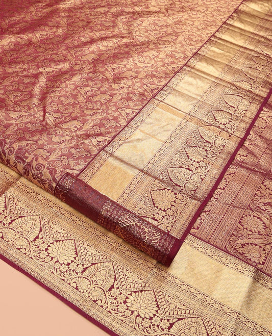 Light Maroon Kanchipuram Wedding Silk Saree, Elevated with Vanasingaram Jacquard Design, a Traditional Zari Design Border, Jaal Pallu, and a Matching Blouse