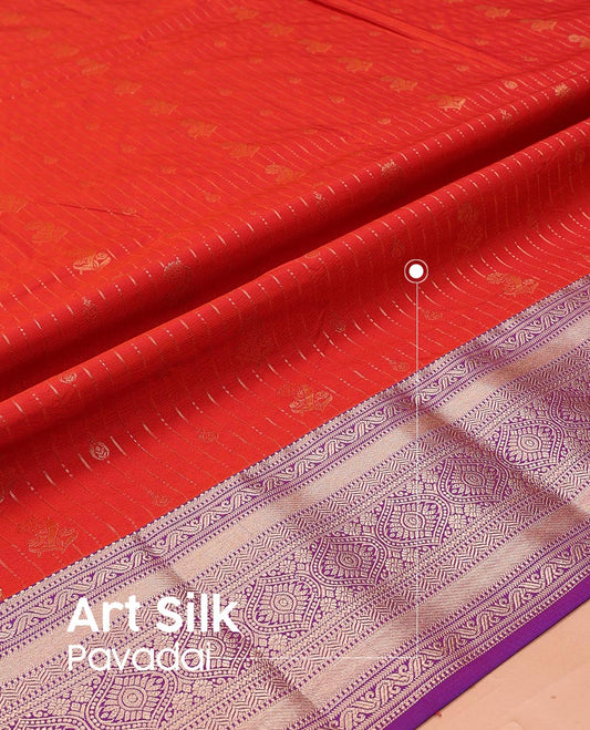 Red Art Silk Pavadai Material Set, Beautified with Zari Designs on Its Skirt, Complemented by a Contrast Traditional Zari Design Border, and Paired with a Contrast Blouse