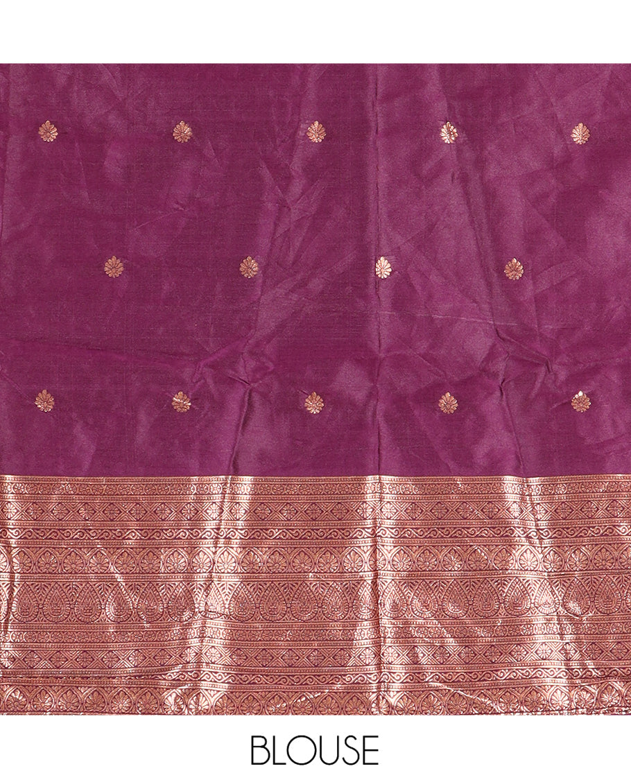 Dark Purple Semi-Silk Half-Saree, Elevated with Zari Buttas Skirt, a Matching Blouse, and a Zari Design Dhavani