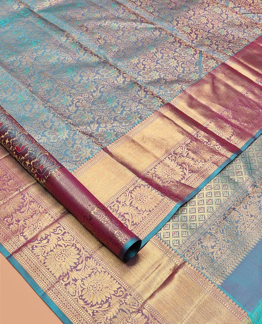 Blue Kanchipuram Wedding Silk Saree, Decorated with Jacquard Design, a Kodi Visiry Zari Border, a Grand Jaal Pallu, and a Matching Blouse