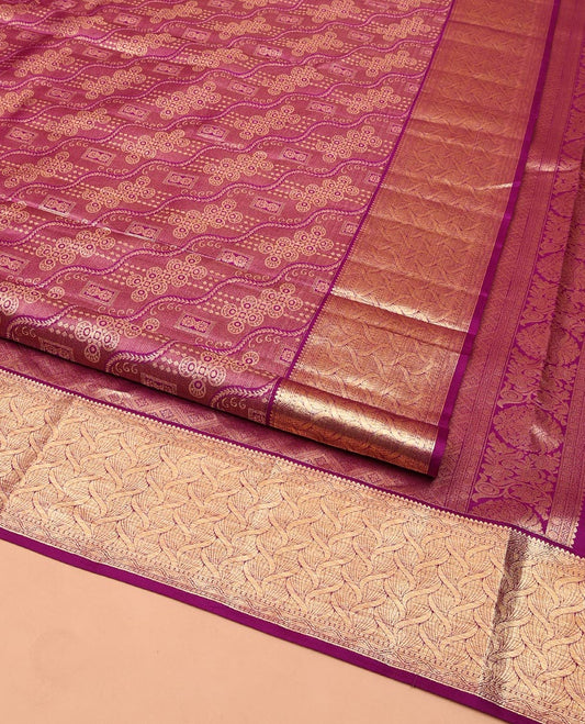 Purple Kanchipuram Wedding Silk Saree, Majestically Detailed with Jacquard Designs on Its Body, Highlighted by a Zari Border of Geometric Designs, Grand Jaal Pallu, and Paired with a Matching Blouse