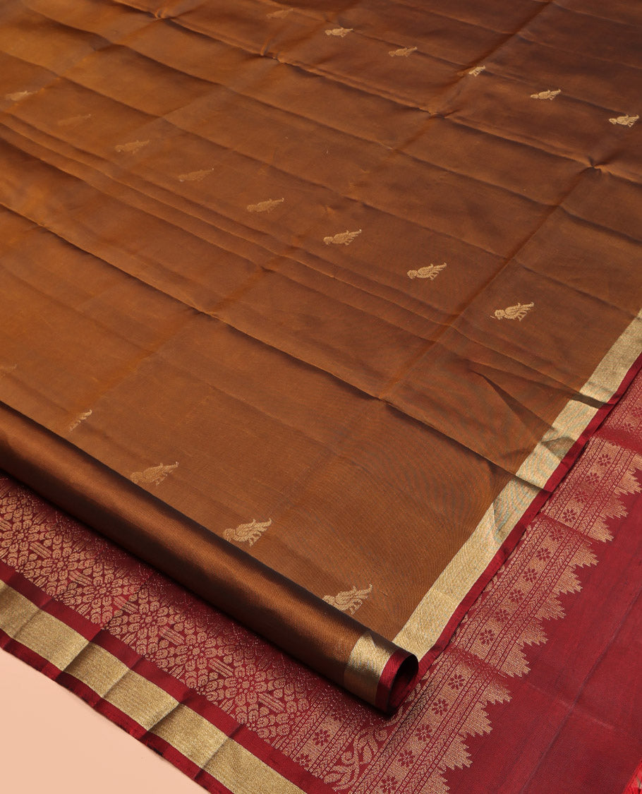Brown Mayuri Lite Silk Mix Saree, Embellished with Bird Buttas, Highlighted by Zari Border, Contrast Intricately Designed Pallu, and a Contrast Blouse