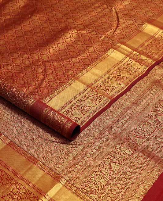 Brown ogee design kancheepuram silk saree with self border of muthu, banaras, kodi visiry design & zari design pallu