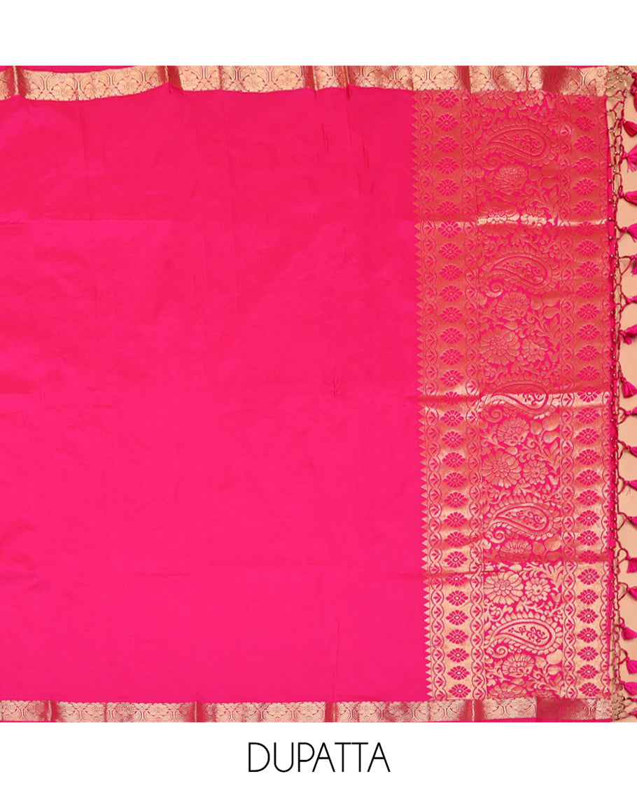 Violet Art Silk Half-Saree, Delicately Woven with Floral Jacquard Design, Contrast Traditional Zari Border, Paired with a Contrast Jacquard Blouse, and an Intricate Dhavani