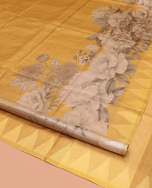 Yellow Tussar Silk Saree, Prettified with Tropical Floral Print, Temple Border, Striped Pallu, and a Matching Blouse