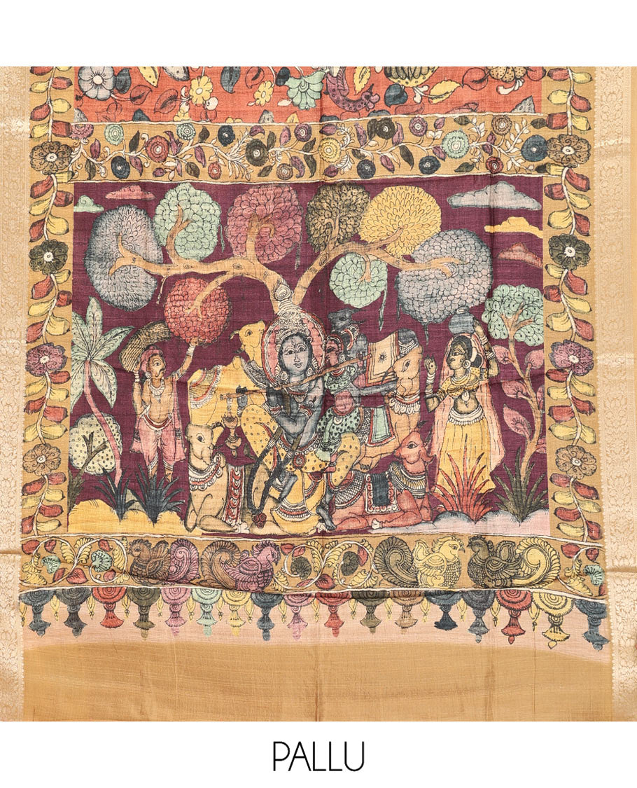 Brown Kalamkari Saree, Elevated with Floral Print, Complemented by Contrast Zari Border, Pallu of Lord Krishna Motifs, and a Contrast Blouse