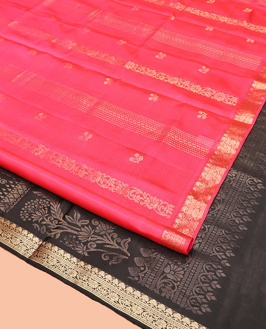 Pink Mayuri Soft Silk Saree, Entralled with Zari Buttas and Floral Creeper Designs On Its Body, Highlighted by Traditional Zari Designs Woven Border, Contrast Grand Pallu and Paired with a Contrast Blouse